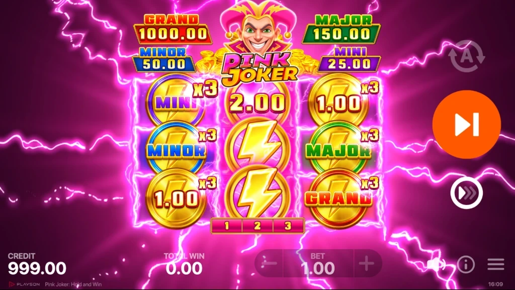 Schermata della slot Pink Joker Hold and Win con griglia 3x3 e simboli fruttati